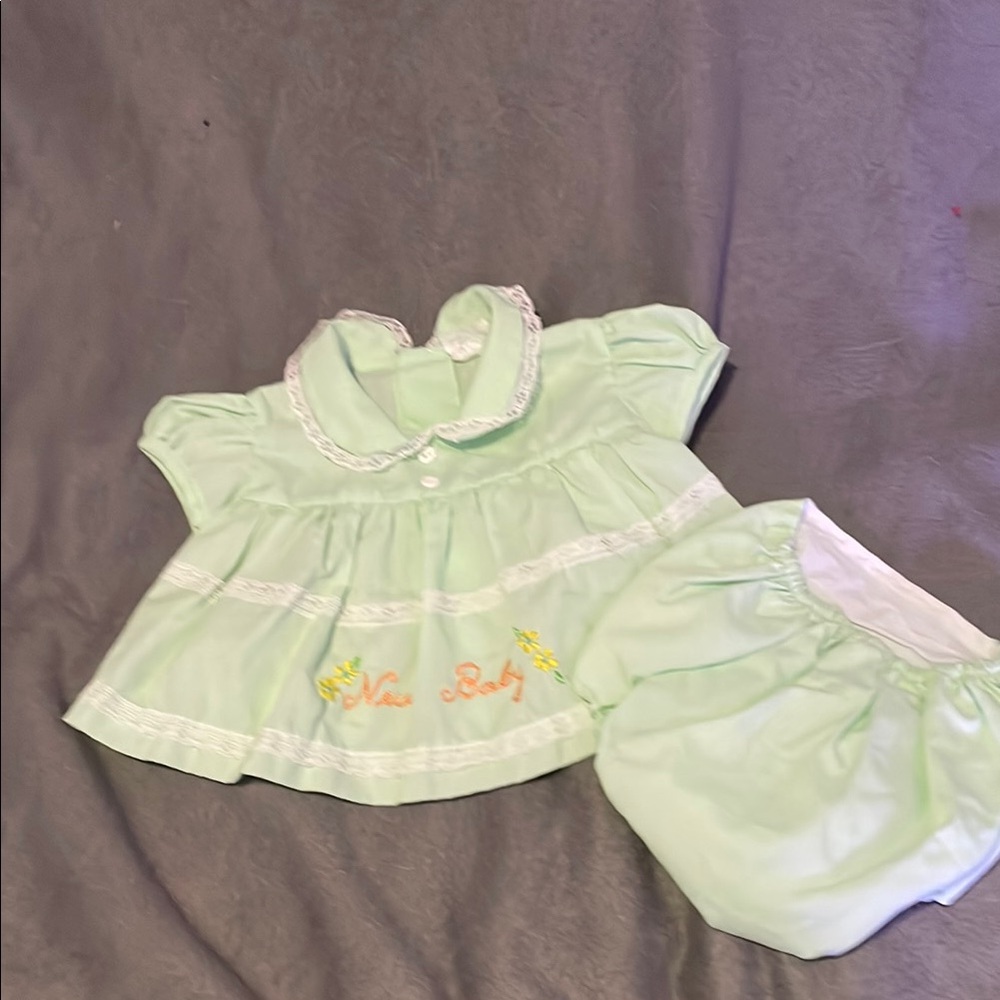 Vintage Mint Green Baby Dress and Bloomers Set